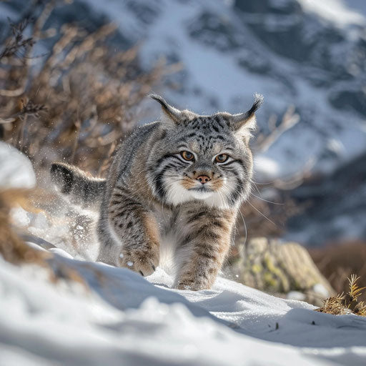 A manul cat captured mid-step on a snowy mountain path