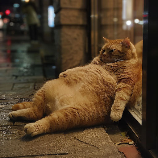Chubby cat laying outside at night