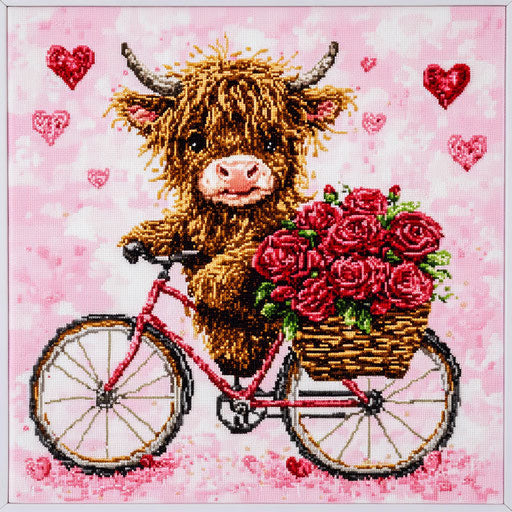 Cute Baby Highland Cow on a bicycle with a basket full of red roses, surrounded by hearts, against a pink background. A very detailed cross-stitch pattern.