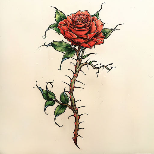 Flat nature-inspired tattoo sketch of a gypsy rose with thorny stems and green leaves