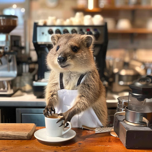 A quokka as a barista, crafting the perfect latte in a chic coffee shop