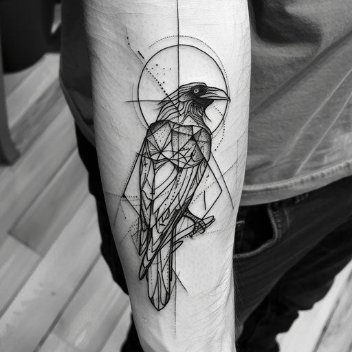 Outline tattoo of a raven, in the style of Adrian Smith