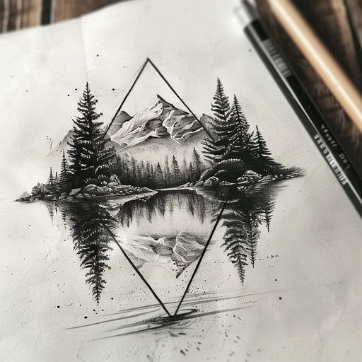 Hyper-realistic triangle tattoo drawing of mirrored lake scene