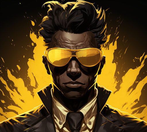 Animated character with sunglasses, dark black and yellow style