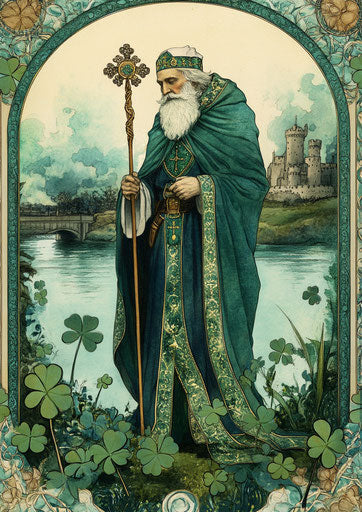St. Patrick's Day card, St. Germain in green and blue with a ancient castle behind him, surrounded by clover leaves, vintage style