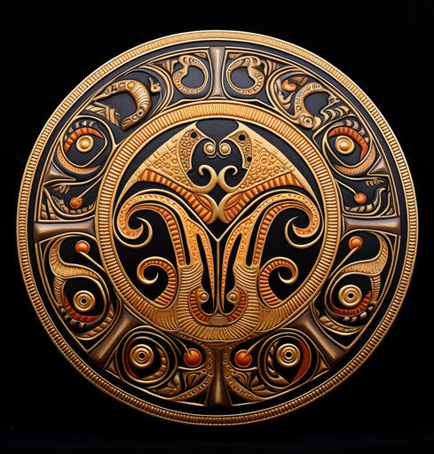 Tribal circle with ornate curved design, mythological style