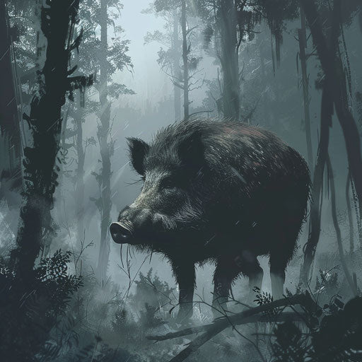 Wild boar in a dense, misty forest