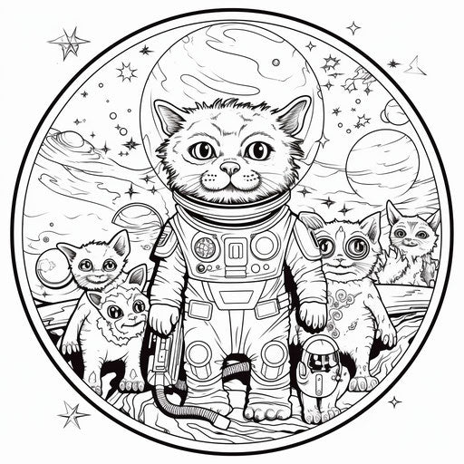 Space-themed coloring page with spaceship, alien, and dinosaurs, in Louis Wain's rounded style