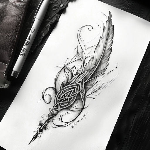 Sketch of feather tattoo with Celtic knotwork black ink on white canvas