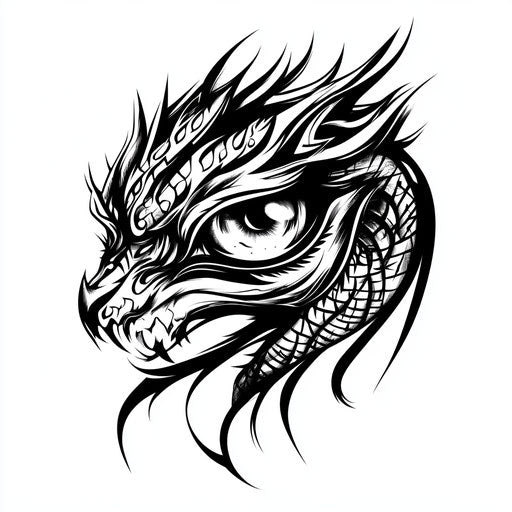 Illustration of fierce tribal dragon tattoo with tribal patterns