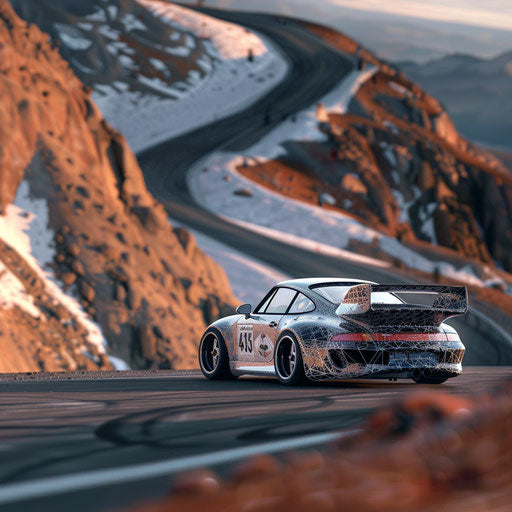 Wireframe white and black Porsche 993 GT2 racecar turning around a mountain corner at Pikes Peak Hillclimb