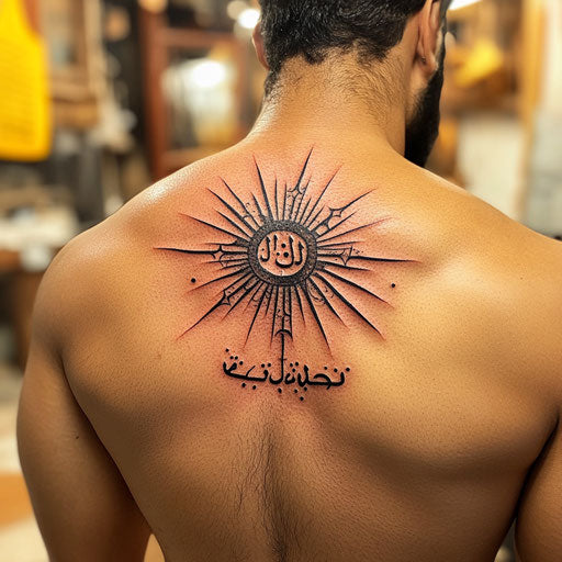 Arabic tattoo with sunburst design surrounding a name on shoulder