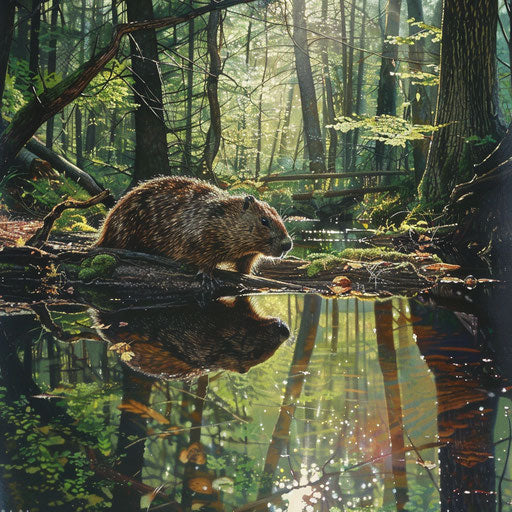 A beaver crossing a forest stream with its reflection in the water
