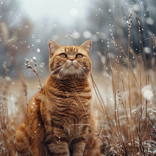 Fatcat in a field while it's snowing