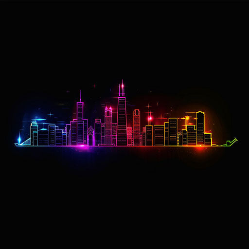 Minimalist flat tattoo sketch of a neon city skyline