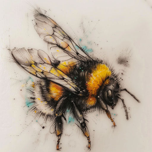 Whimsical bumble bee tattoo on white background