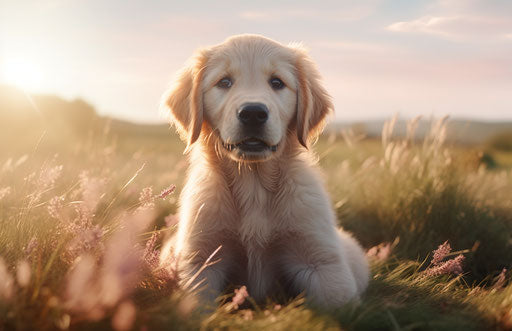 Retriever puppy sitting in grass, light pink and dark gold style