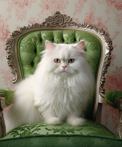 White Persian cat with green eyes on white chair