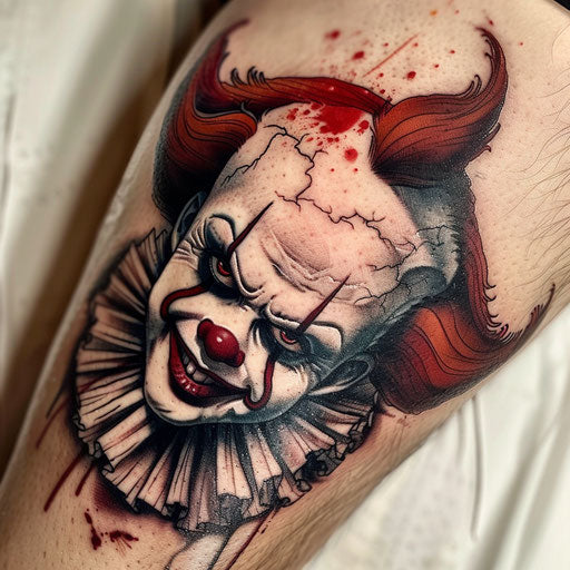 Gothic clown tattoo with dark colors and horror elements on white background