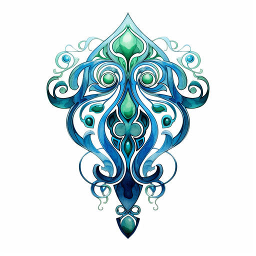 Celtic tattoo in green and blue glass on white background