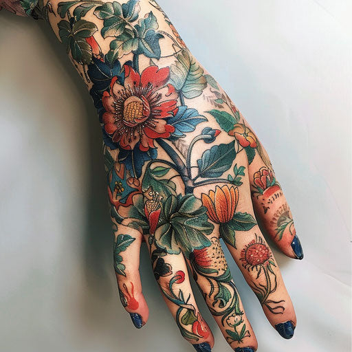 Botanical hand tattoo for women with intricate flowers