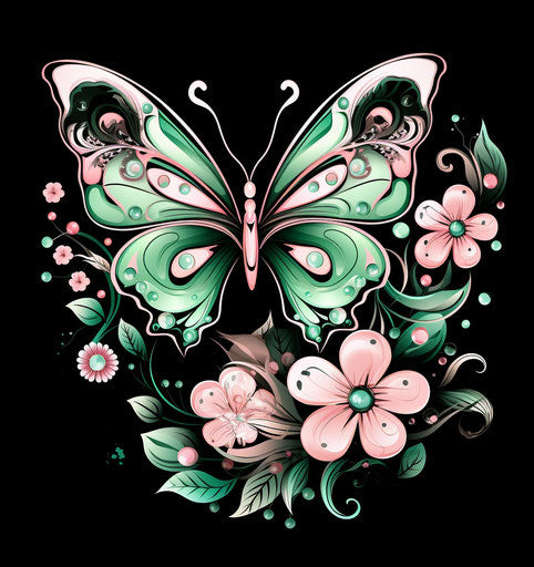 Black and white vector illustration of butterfly floral design