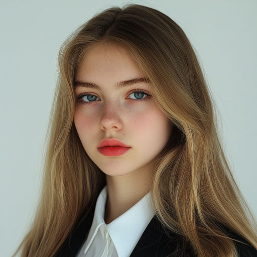Realistic portrait of a beautiful young woman in Versace school uniform