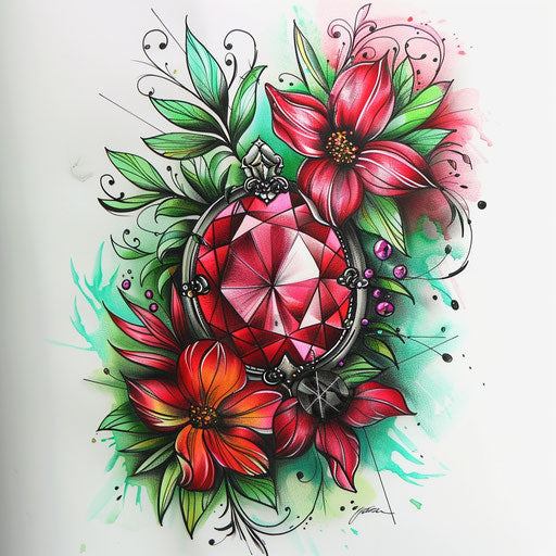 Lively tattoo sketch: ruby surrounded by floral design, rich red and green