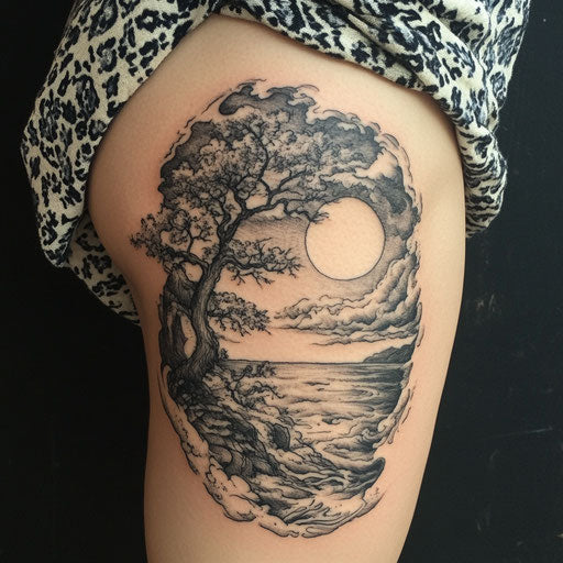 Female thigh tattoos in the style of David Palumbo with a serene ocean scene