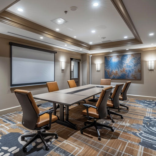 Spacious conference room with large table and comfy chairs