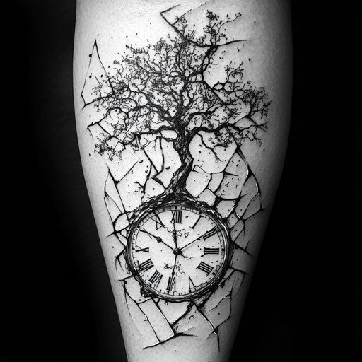 Tree tattoos for men with a tree growing through a shattered clock
