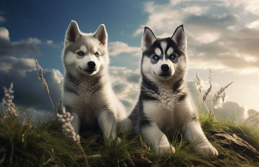 Two husky puppies sitting on grass in a garden