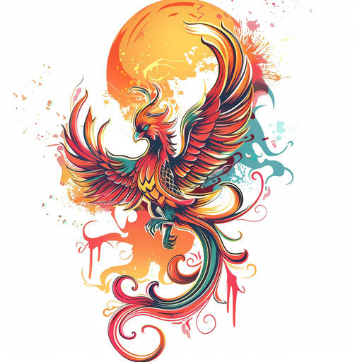 Phoenix rising from flames in colorful flat tattoo style