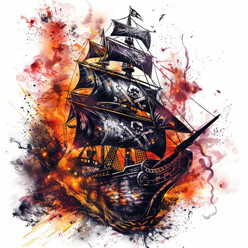 Dynamic tattoo sketch of a pirate ship in battle