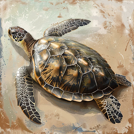 Sea turtle illustration with random flat background and realistic texture