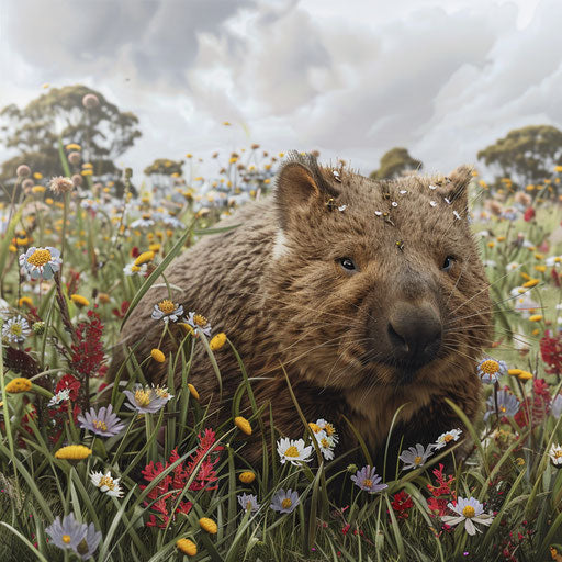 Wombat exploring a meadow with wildflowers, in the style of Vincent Munier