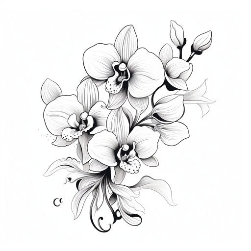 Orchid in black and white, linear compositions style, decorative, elegant, tattoo, flowers