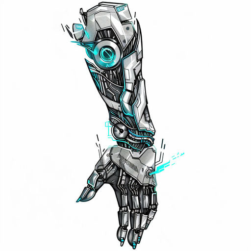 Cybernetic arm with circuit patterns and electric blue highlights
