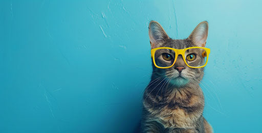 A cat on blue background with yellow glasses