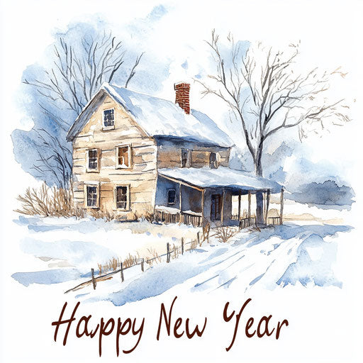 Watercolor of old rustic farmhouse in the snow