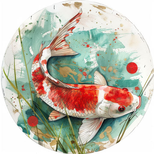 Stylized rosecolored koi fish on green grass