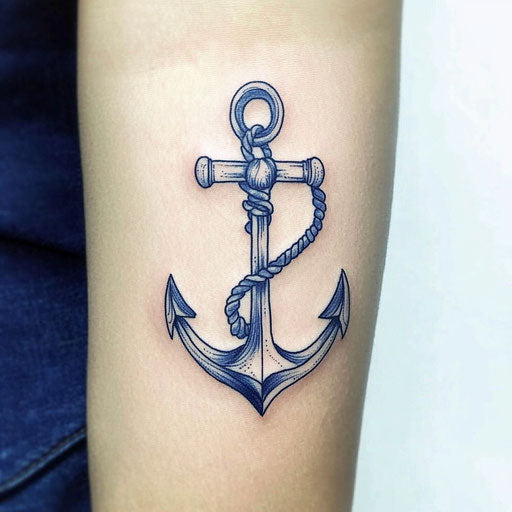 Female arm tattoo with anchor and rope in dark blue ink