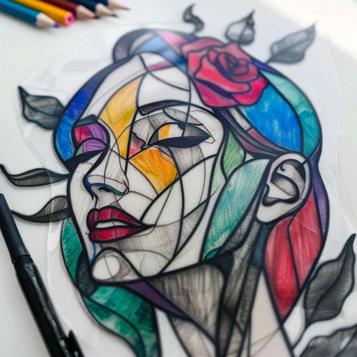Stained glass style tattoo, bright colors on white