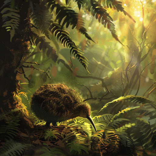Kiwi bird hidden among the ferns