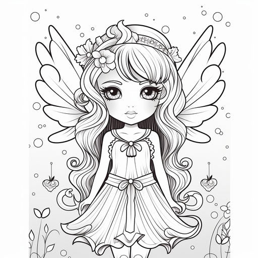 Children's coloring page with a fairy in kawaii chic style