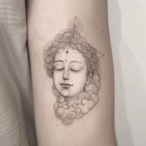 Soft and subtle flat tattoo sketch of a soul at peace, surrounded by soft clouds