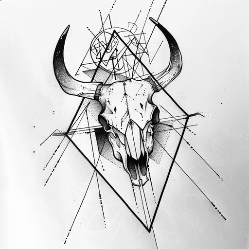 Minimalist black and white tattoo sketch of a cow skull with geometric patterns in the background