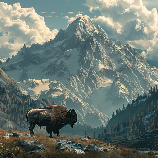Bison facing a mountain range with rugged peaks