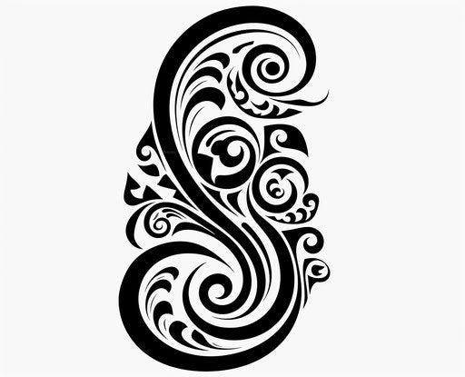 Maori tribal art in black and white, serpentinata style, commissioned, elaborate 16:13