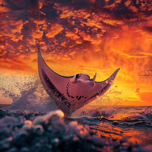 Manta ray leaping out of water with dramatic sunset
